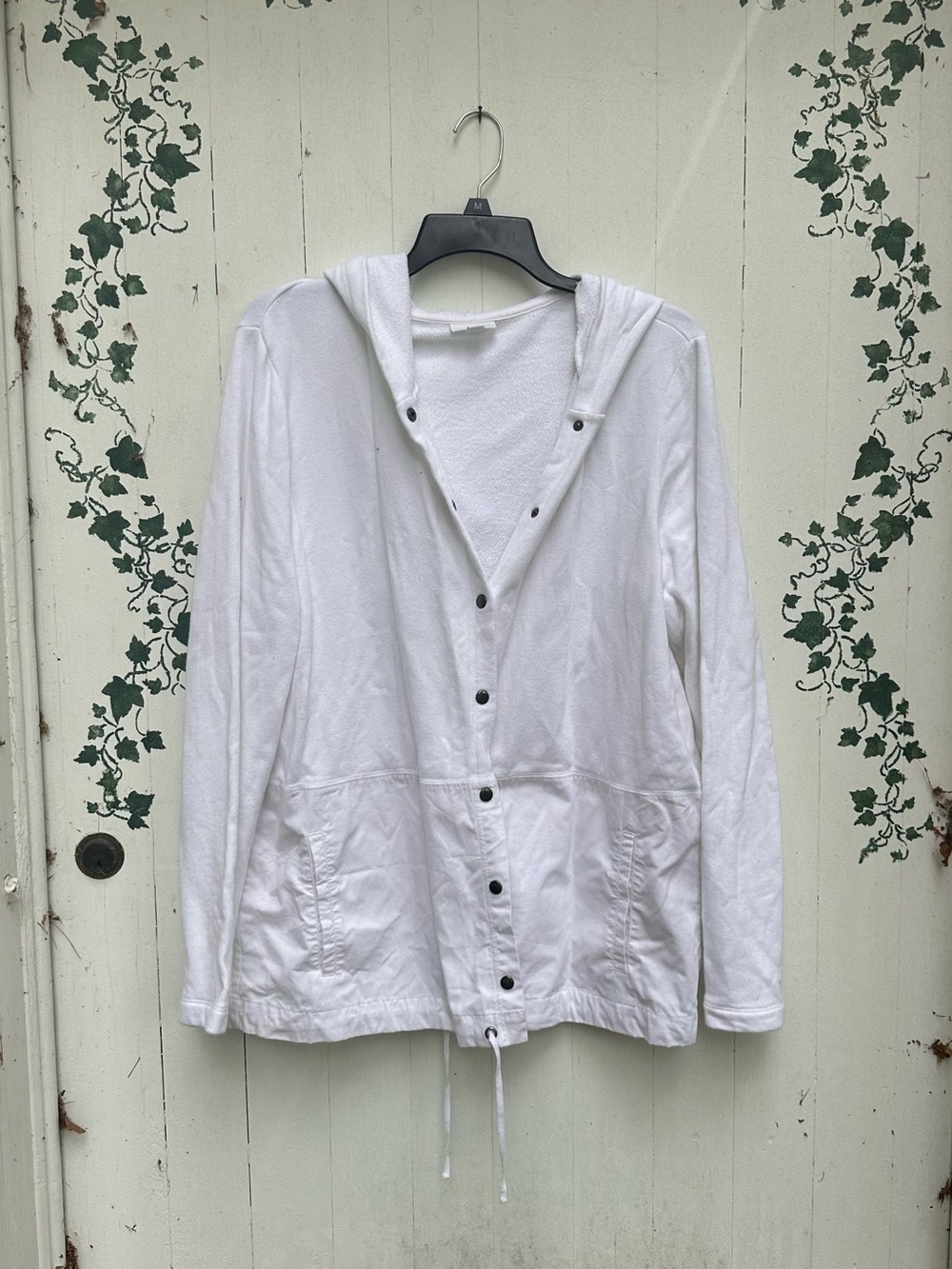 100% Cotton All White Two Toned Women's Hooded Button-Up Jacket with Pockets